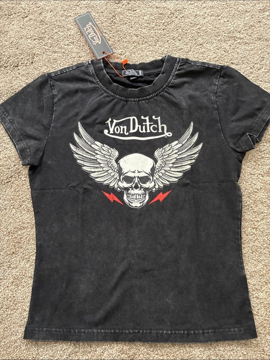 Von Dutch Originals Tops - Von Dutch Women's Black vintage wash Short Sleeve Graphic Tee with Winged Skull